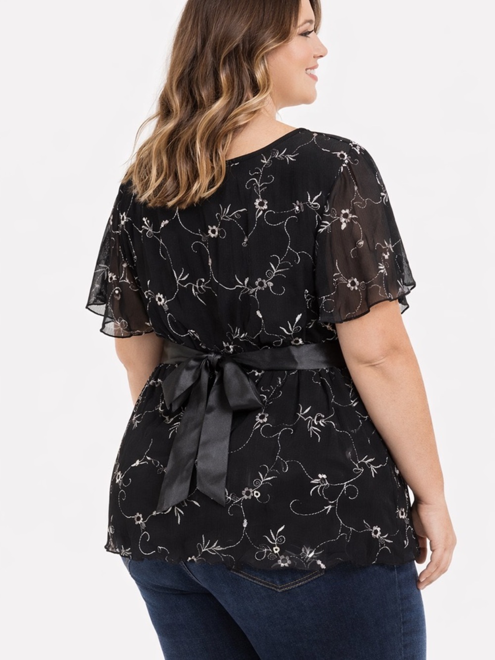 Encore Black Floral Embroidered Wrap Blouse Size 22 Plus Size Boho